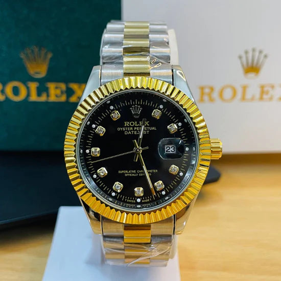 ROLEX GOLDEN BLACK DIAL WITH TWO-TONE CHAIN