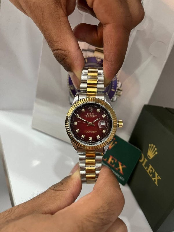 ROLEX RED DIAL WITH DUBAL TONE CHAIN