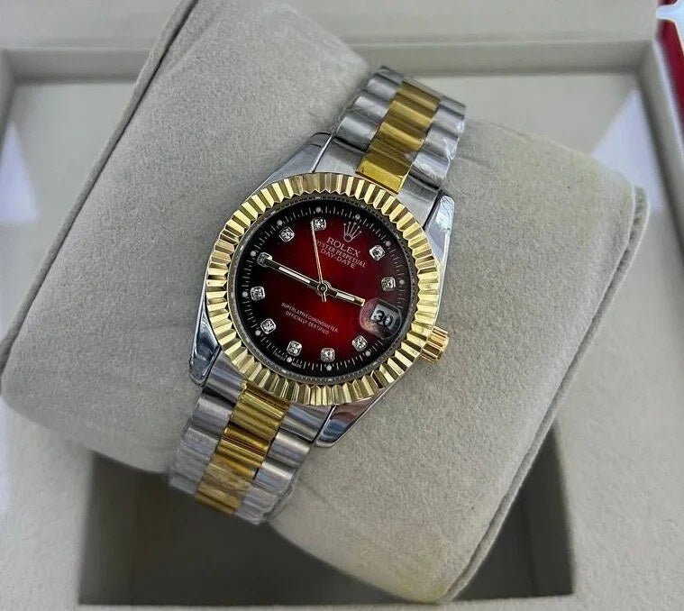 ROLEX RED DIAL WITH DUBAL TONE CHAIN